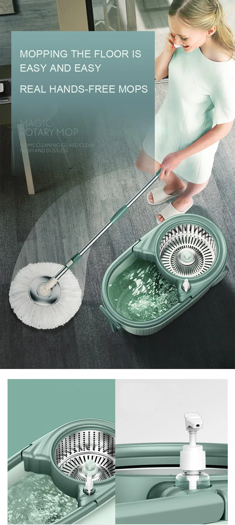 Spin Mop Floor Cleaning with Wringer Set Spinning Mopping Buckets Cleaning Supplies with 2 Replacement Refills, Extended Handle for Home Hardwood Floors Tiles